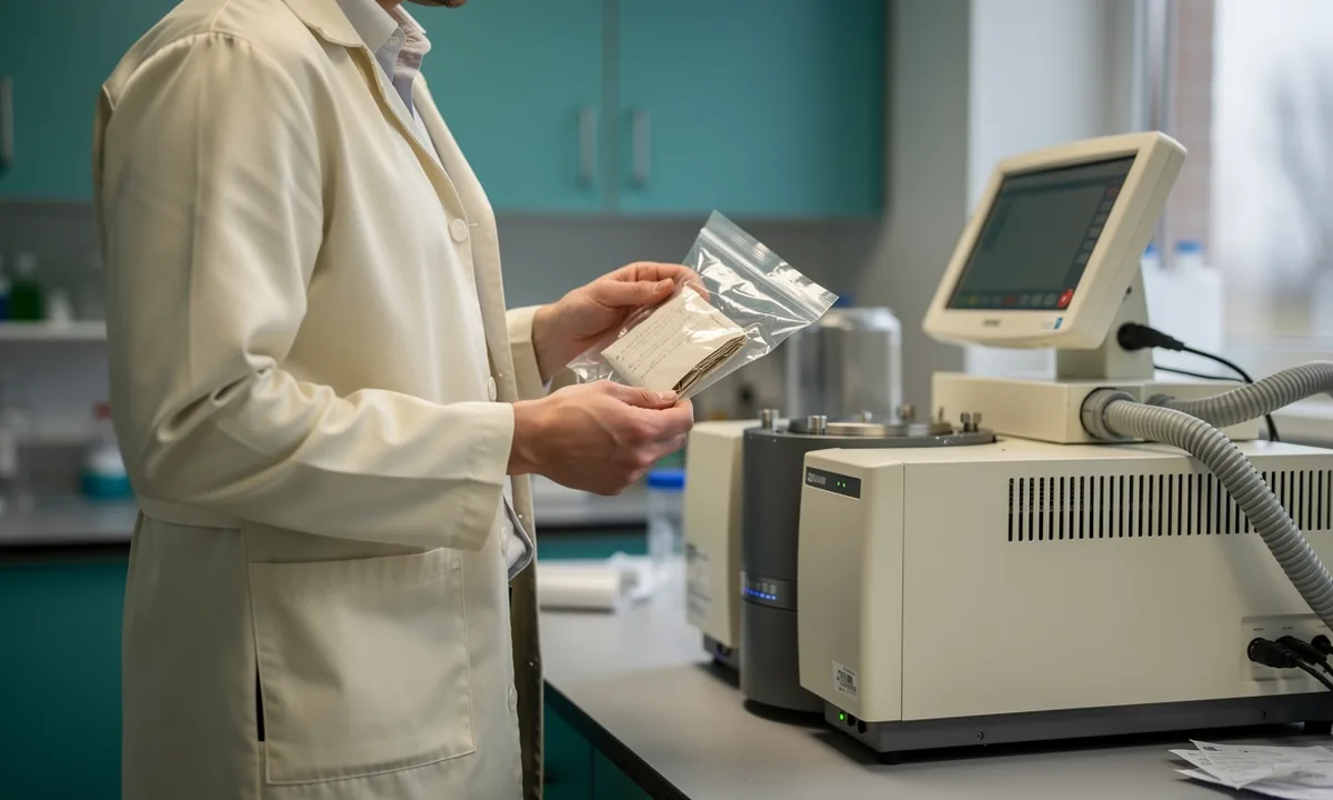 An anonymous analyst examines a sealed evidence bag beside a laboratory mass spectrometer
