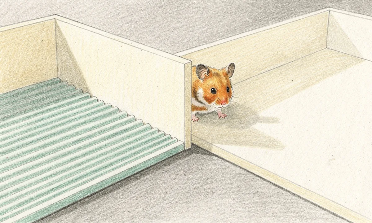 A Syrian hamster stands between two open compartments with different floor textures