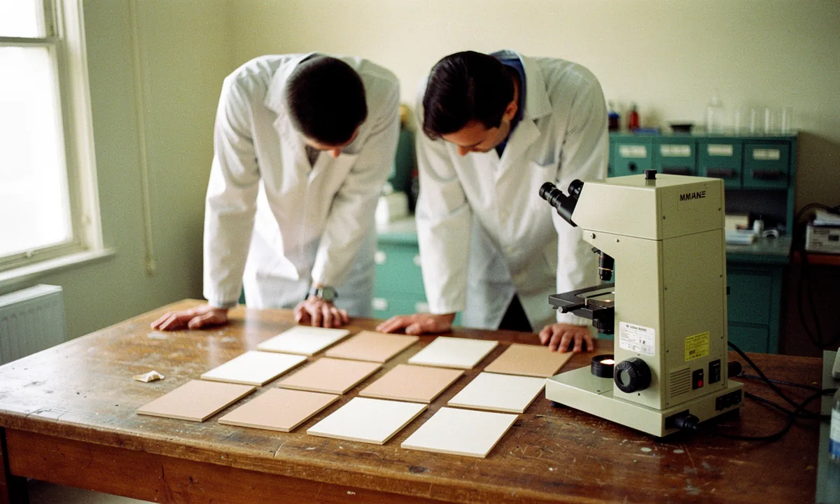 Two anonymous laboratory workers compare pigment samples beside an older optical instrument